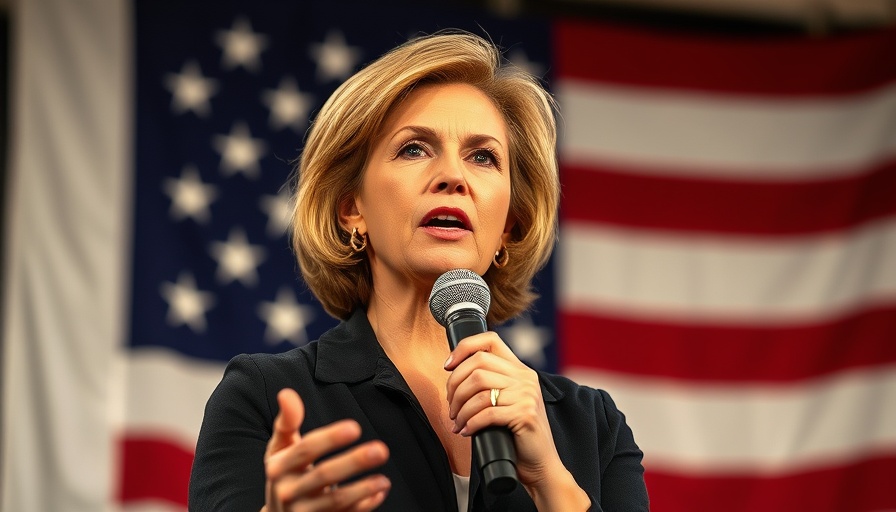 J.D. Scholten campaign against Joni Ernst, public speech with American flag backdrop.