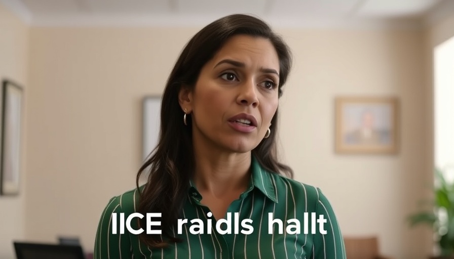 Confident woman discusses halt on ICE raids in indoor setting.