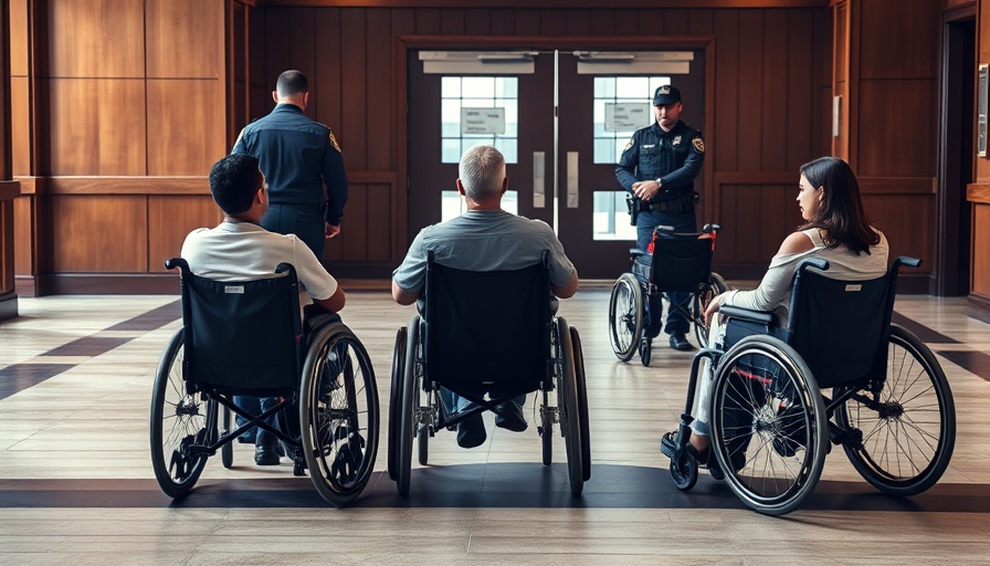 Disabled protesters interact with police in building lobby.