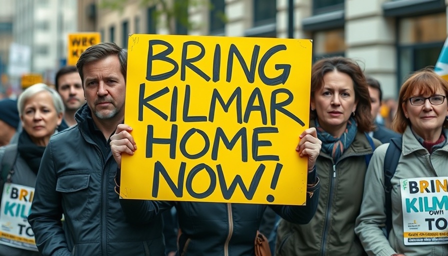Protestors with a 'BRING KILMAR HOME NOW!' sign in urban setting.