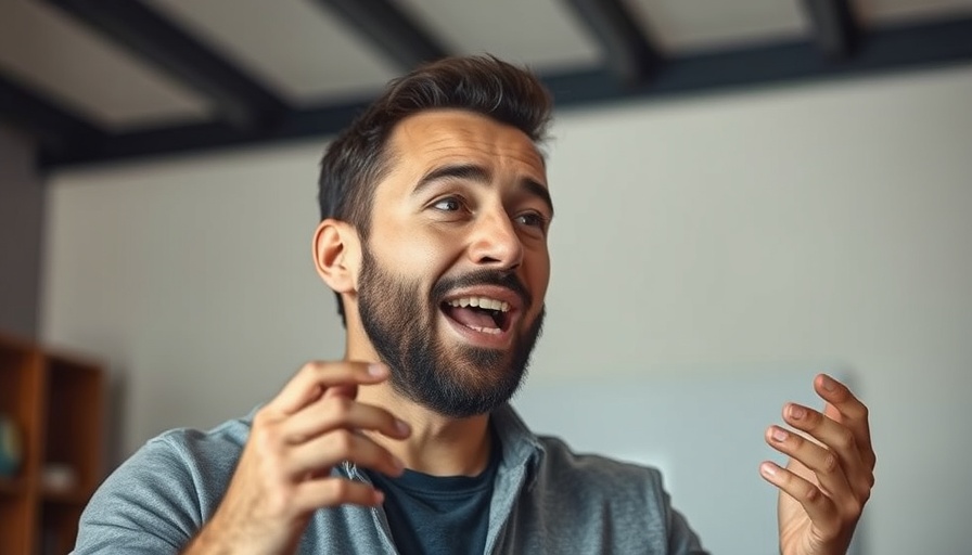 Man energetically discussing travel ban news in casual setting.