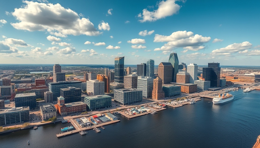 Aerial view of Baltimore cityscape with modern buildings and harbor, depicting urban life.
