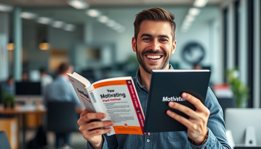 Man holding a book with a motivational cover, expressing enthusiasm in an office setting.
