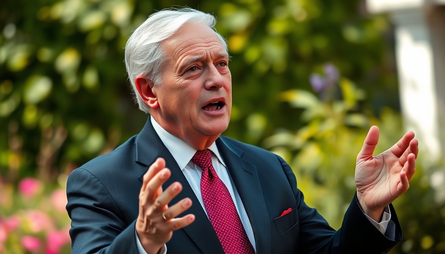 Elderly man gives speech on tariffs as tax cuts outdoors.