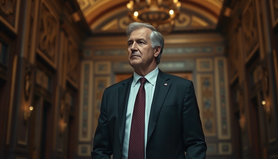 Middle-aged man in a suit in government building.