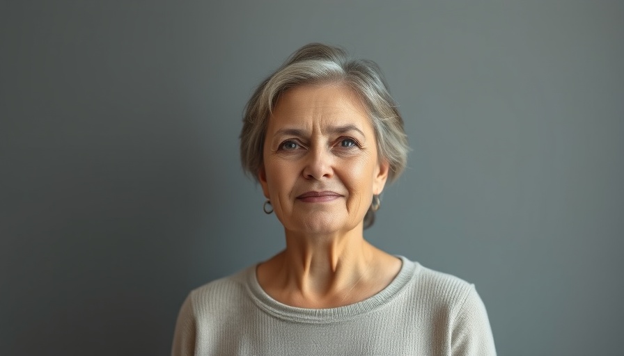 Middle-aged woman standing against a gray background with neutral expression