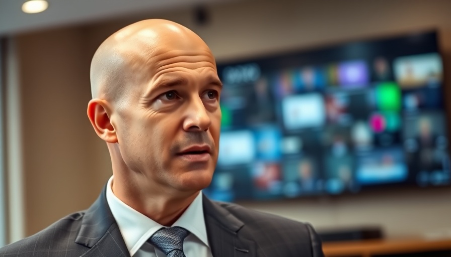 Businessman discussing tariff rebates on TV set, blurred backdrop.