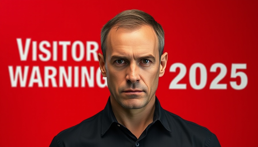 Serious man with visitor visa warnings 2025 on red background.