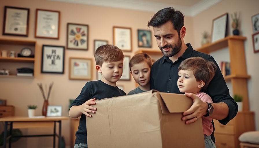 Man and children with a large box in a home office, framed awards visible.