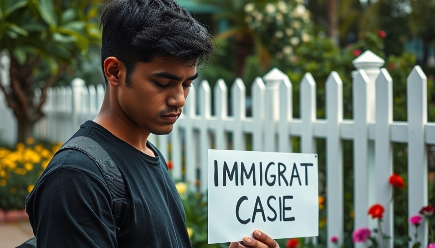 Contemplative individual in a garden with immigration case sign.