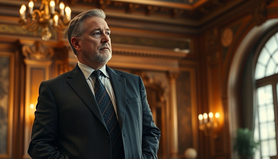 Middle-aged man in suit discussing in ornate interior