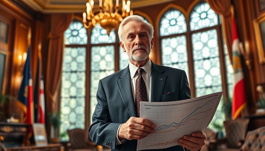Older man in office holding chart with thoughtful look, Trump Tariff Warning Great Depression.