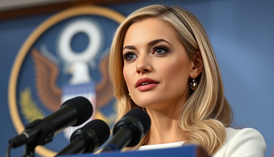 Blonde woman speaking confidently during press meeting.