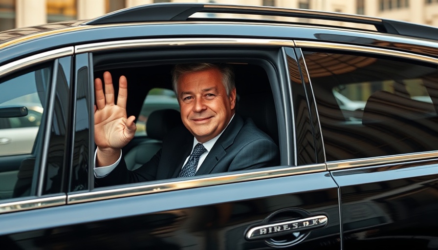 Prominent individual waving inside black limousine, urban setting.