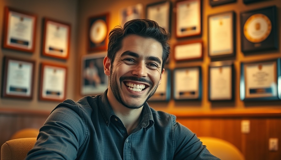 Man in office with awards, smiling, Rapid Law Firm Growth Formula.