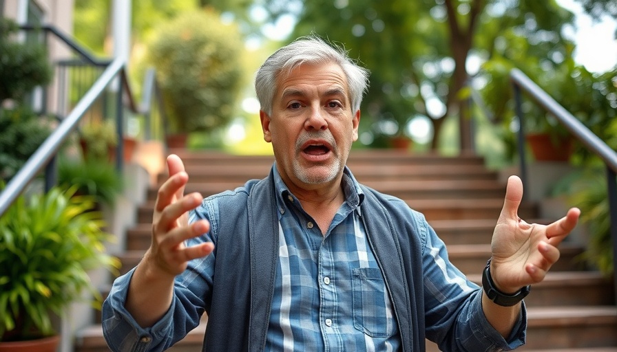 Expressive man discussing Trump approval ratings outdoors.