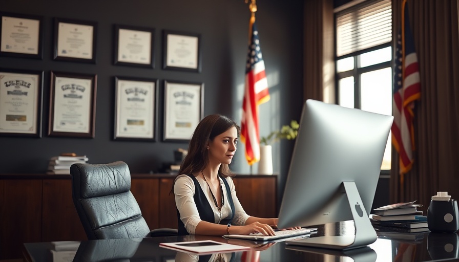 Professional woman in office reviewing computer with certificates on wall.