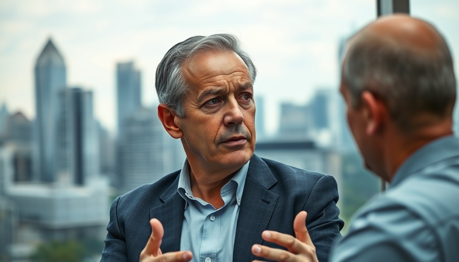 Middle-aged man in suit discussing economics with cityscape backdrop.
