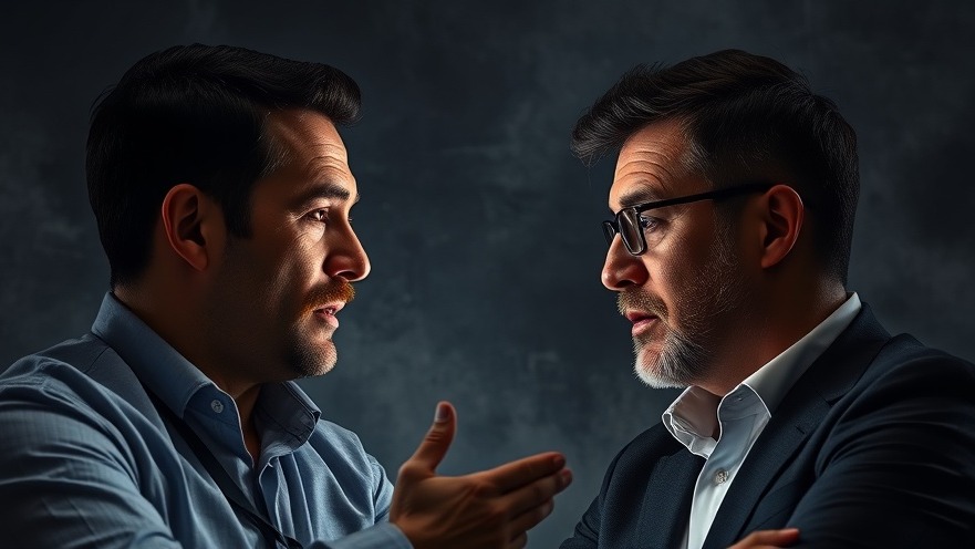 Serious men discuss AI in Legal Profession against a dramatic abstract background.