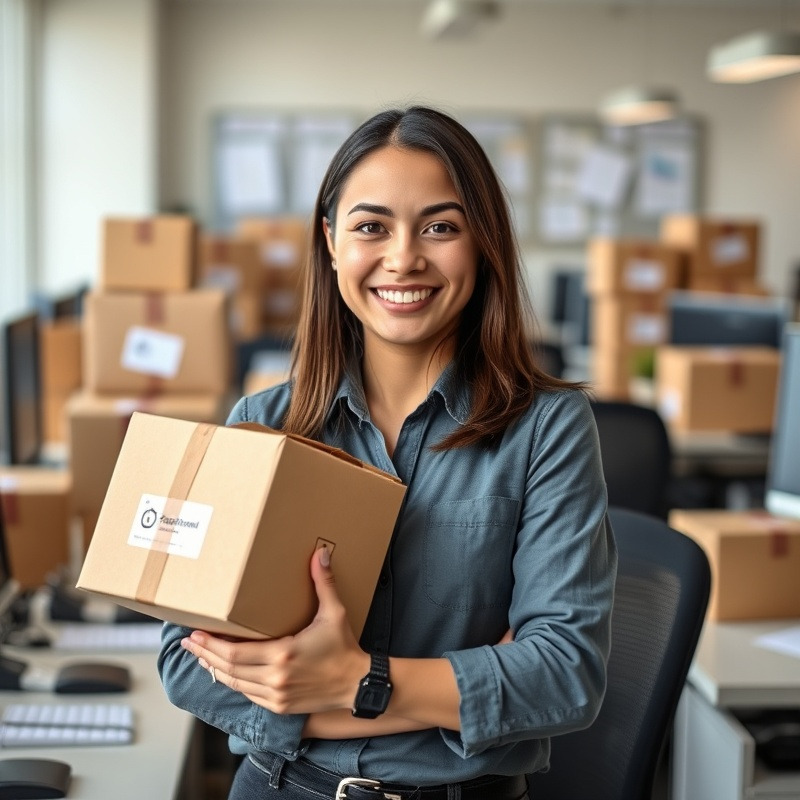 Smiling young employee amidst courier packages at her desk.