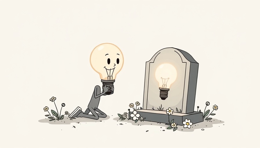 Artistic light bulb character contemplating life at a tombstone, philosophy of death.