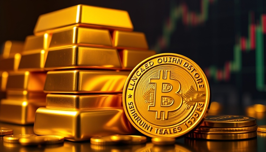 Shining gold bars and coin with digital chart, stock market wealth concept.