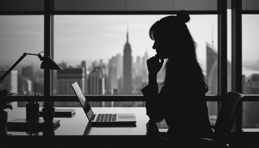 Woman disclosing mental health in workplace, city skyline, black and white.