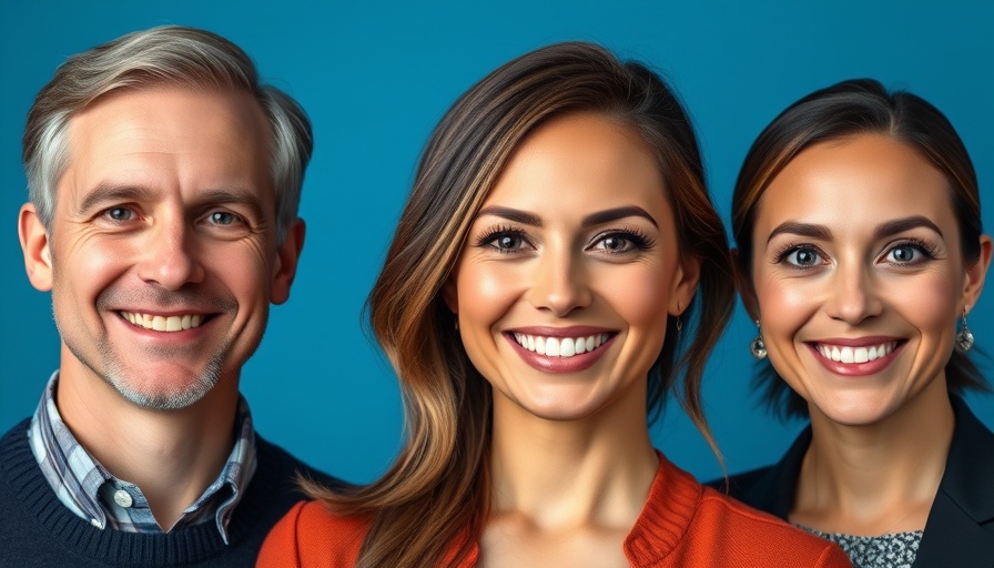 Professional portraits, smiling individuals on blue background, work-life balance theme.