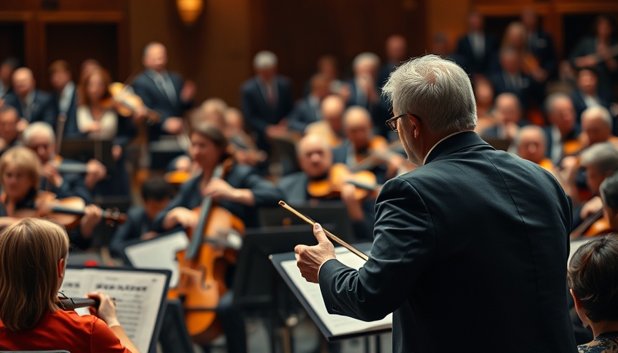 Focused orchestra conductor leading musicians, Photorealistic.