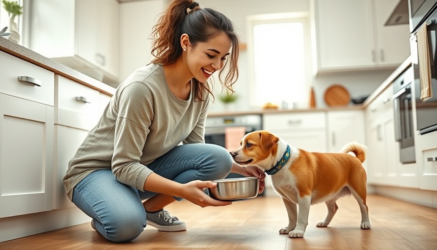 Pet owner offering a bowl to dog in kitchen, raw meat-based diet risks for pets.