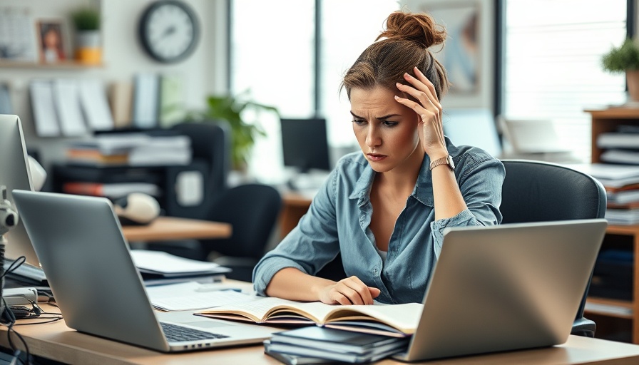Overwhelmed woman in a toxic work environment at her desk.