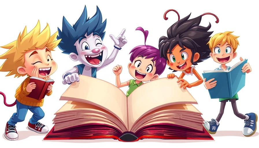 Colorful animated group of people with large books, playful interaction, cartoon style.