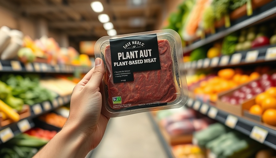 Person holding plant-based meat in a grocery store, highlighting EU restrictions.