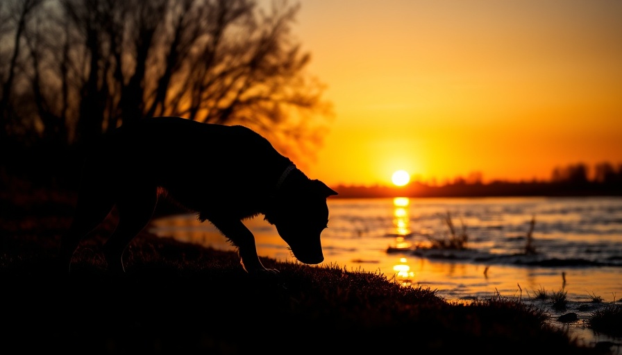 Dog exploring a riverbank at sunrise, running with dogs.