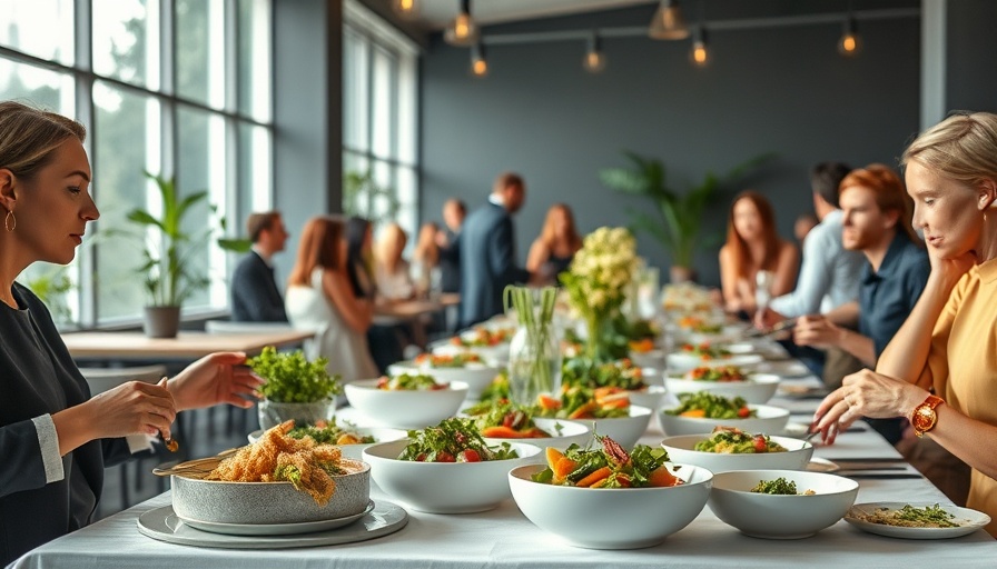 Sustainable event planning setup with eco-friendly food serving, vibrant and elegant.