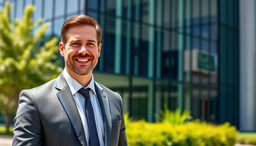 Confident man smiling outside modern office, electronic dossiers concept.