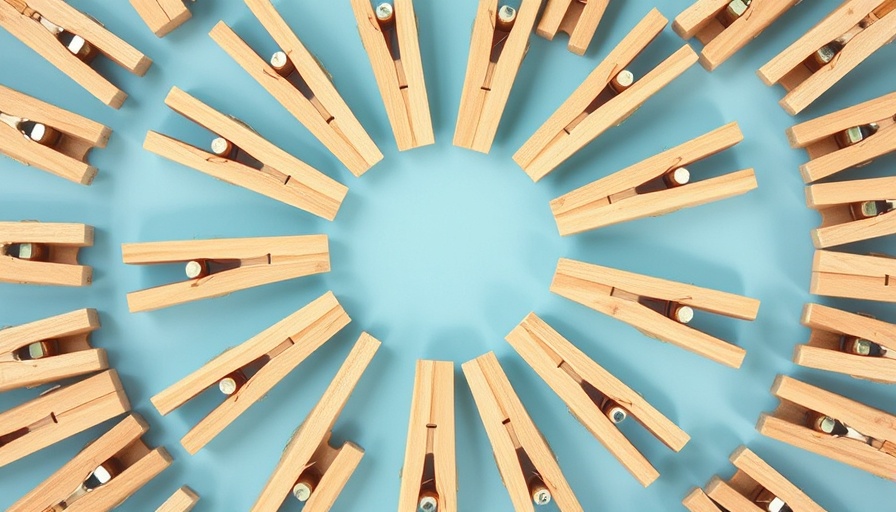 Circular arrangement of clothespins on a blue background, symbolizing order for productivity hacks for workplace success.