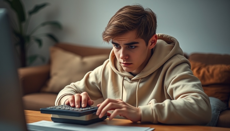 Young person contemplating at desk with calculator, study burnout prevention context.