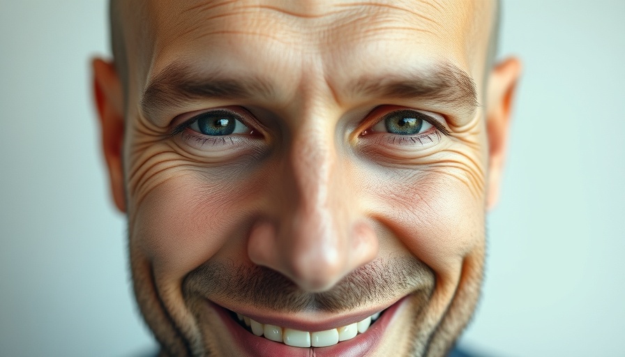 Workplace stress management, calm bald man smiling, close-up.