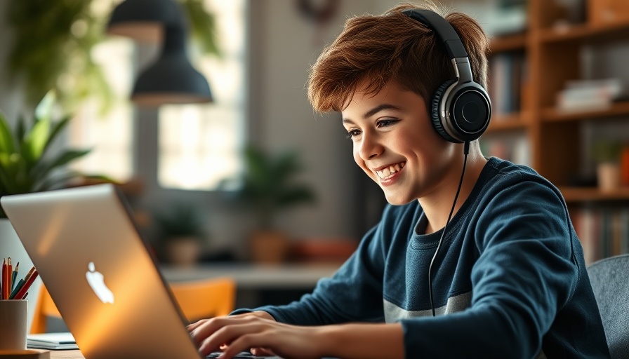 Boy with headphones smiling at laptop in home setting.
