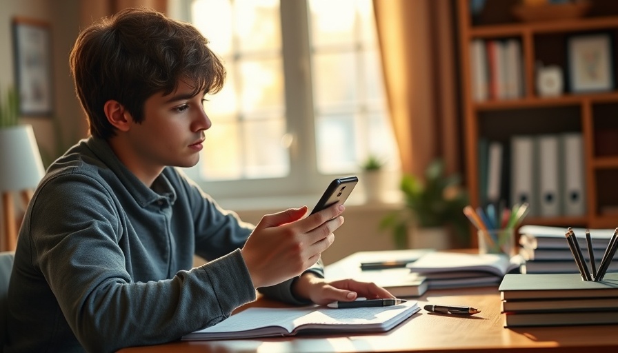 Child using smartphone surrounded by study materials indoors.
