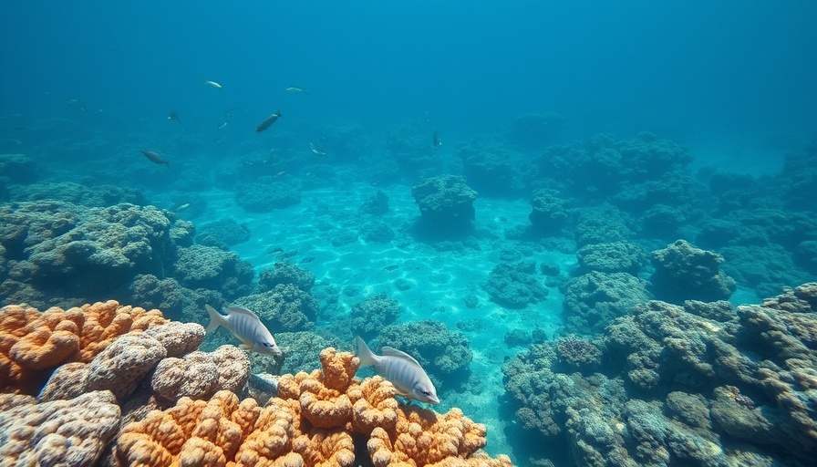 Bleached coral reefs showing climate change impacts, sparse fish visible.