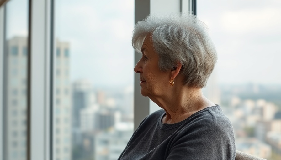 Woman in modern room looking out window, related to radioactive therapy for cancer treatment.