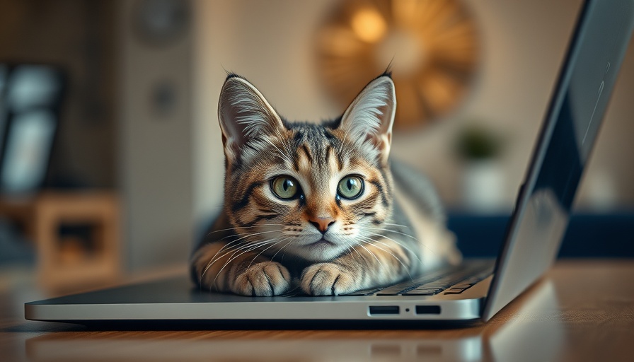Curious cat relaxing on laptop, perfect pet travel planner app mascot.