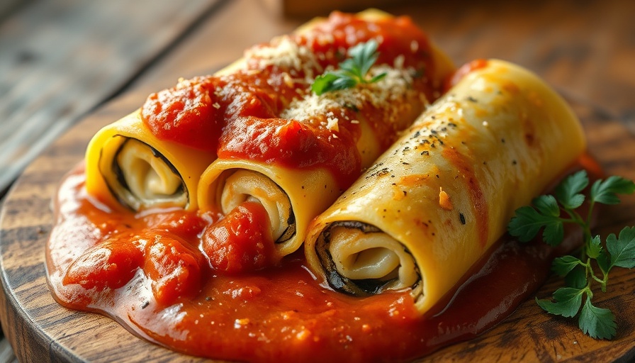 Cannelloni with aubergine topped with cheese in a rustic pan.