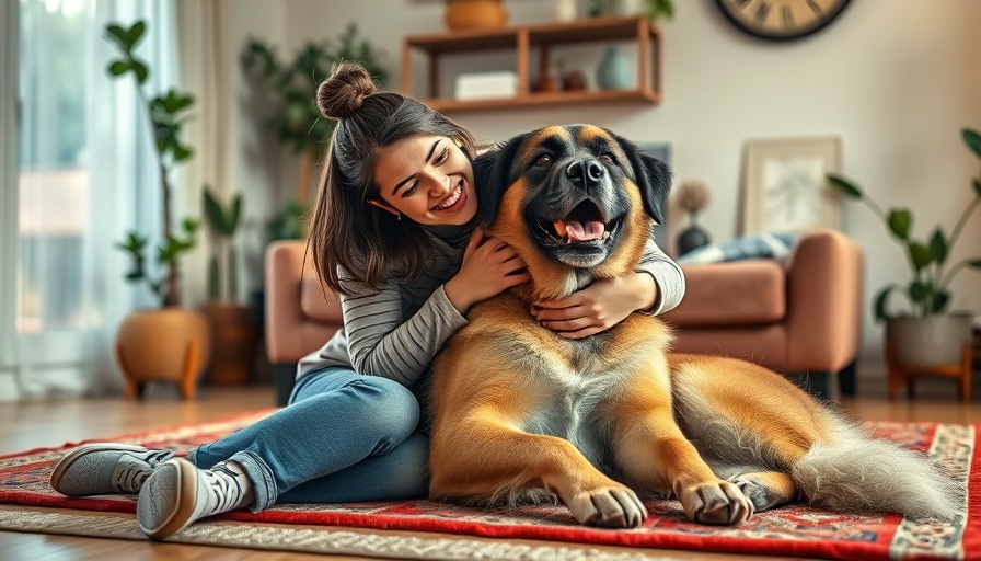 Young woman hugging a dog on a rug in cozy living room, pets for mental health support.