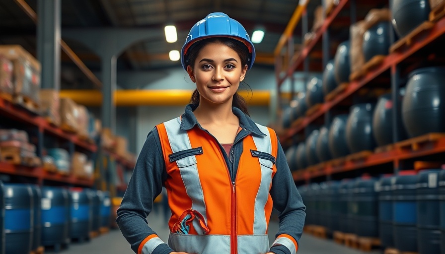 Confident woman in safety gear in a 2025 warehouse for hybrid working.