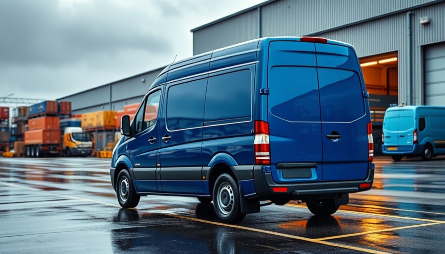 Sustainable package delivery van at logistics warehouse.