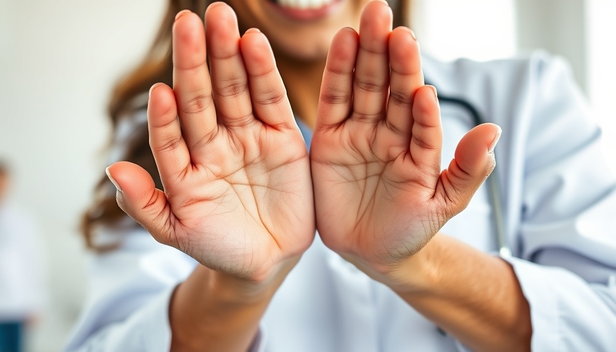 Close-up of hands with eczema and a smiling doctor discussing chronic hand eczema treatment