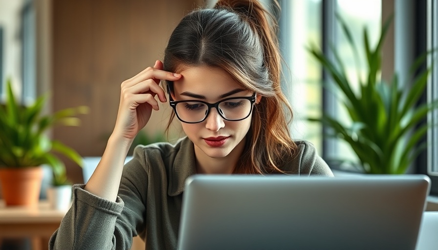 Young woman in office using stress relief techniques, calming plants in background.